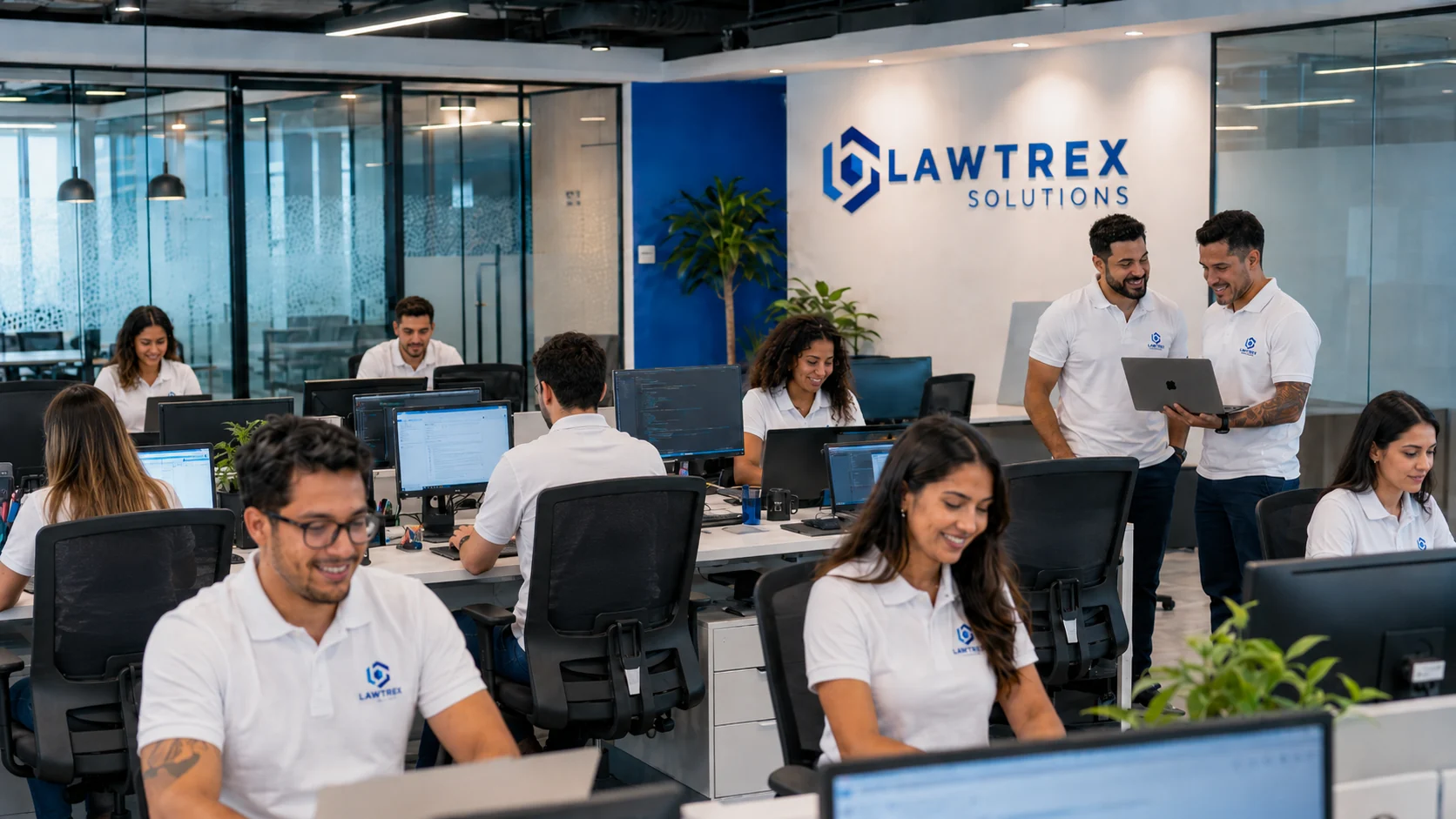 Equipe trabalhando no escritório com a plataforma Lawtrex